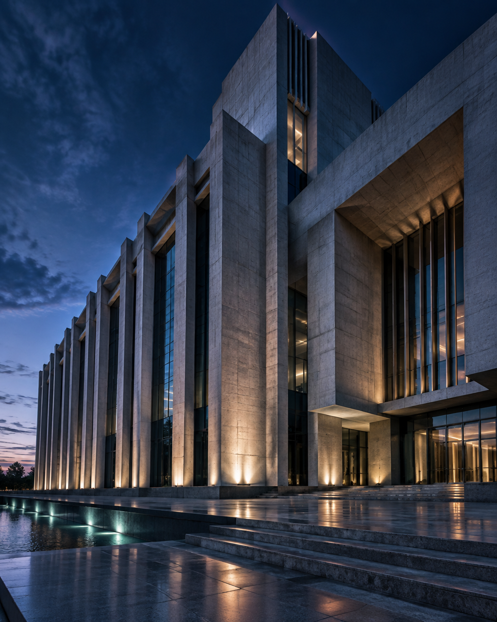 Fachada de un edificio institucional público contemporáneo iluminado al atardecer